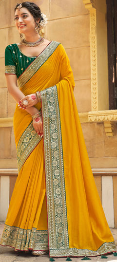 Yellow color Saree in Art Silk, Silk fabric with Embroidered, Thread, Zari work