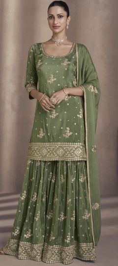 Engagement, Reception, Wedding Green color Salwar Kameez in Georgette fabric with Sharara, Straight Embroidered, Sequence, Thread work : 1933914