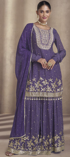 Engagement, Reception, Wedding Purple and Violet color Salwar Kameez in Georgette fabric with Palazzo, Straight Bugle Beads, Embroidered, Printed, Sequence, Thread, Zardozi work : 1933917