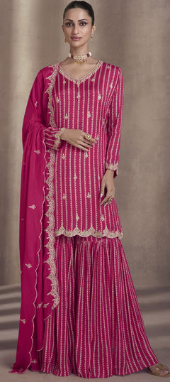 Engagement, Reception, Wedding Pink and Majenta color Salwar Kameez in Georgette fabric with Sharara, Straight Embroidered, Sequence, Thread, Zardozi work : 1933920