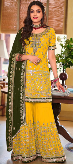 Festive, Mehendi Sangeet, Wedding Yellow color Salwar Kameez in Faux Georgette fabric with Sharara, Straight Embroidered, Sequence, Thread, Zardozi, Zari work : 1933936