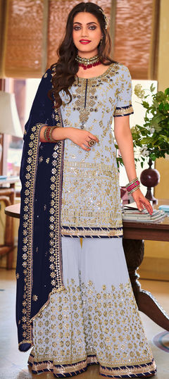 Festive, Mehendi Sangeet, Wedding Blue color Salwar Kameez in Faux Georgette fabric with Sharara, Straight Embroidered, Sequence, Thread, Zardozi, Zari work : 1933938