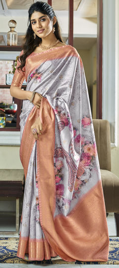 Black and Grey color Saree in Handloom fabric with Floral, Printed, Weaving work