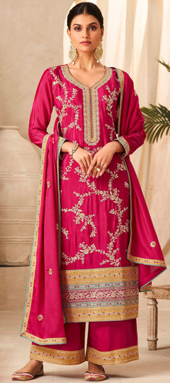 Engagement, Mehendi Sangeet, Wedding Pink and Majenta color Salwar Kameez in Silk fabric with Palazzo, Straight Embroidered, Sequence, Thread, Zari work : 1934039