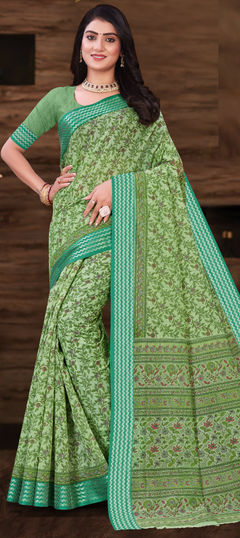 Summer Green color Saree in Cotton fabric with Bengali Printed work : 1934114