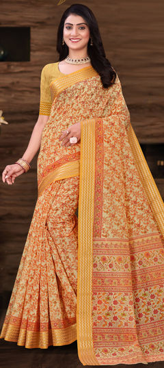 Summer Yellow color Saree in Cotton fabric with Bengali Printed work : 1934119