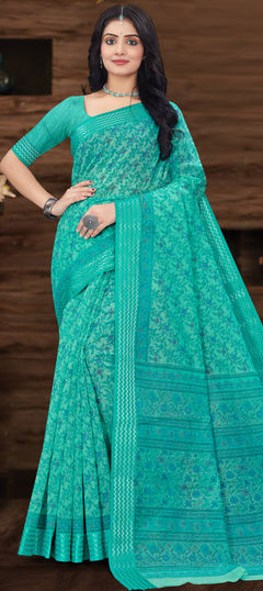 Summer Blue color Saree in Cotton fabric with Bengali Printed work : 1934120