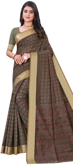 Black and Grey color Saree in Cotton fabric with Printed work