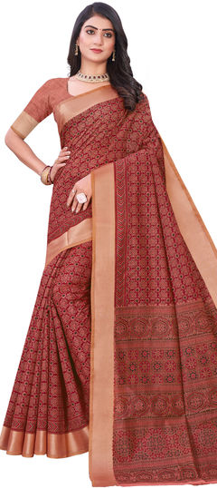 Red and Maroon color Saree in Cotton fabric with Printed work