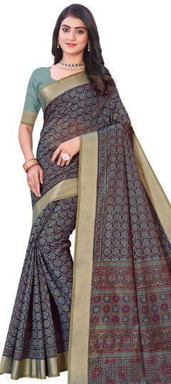 Blue color Saree in Cotton fabric with Printed work