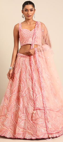 Bridal, Wedding Pink and Majenta color Lehenga in Net fabric with Flared Sequence work : 1934175