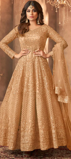 Bollywood Beige and Brown color Salwar Kameez in Net fabric with Anarkali Embroidered, Sequence, Thread work : 1934198