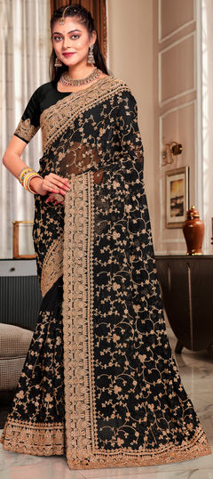 Black and Grey color Saree in Georgette fabric with Embroidered, Stone, Thread work