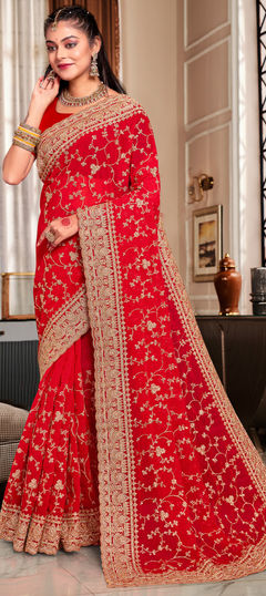 Red and Maroon color Saree in Georgette fabric with Embroidered, Stone, Thread work