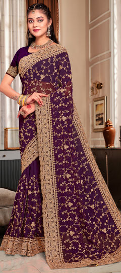 Purple and Violet color Saree in Georgette fabric with Embroidered, Stone, Thread work