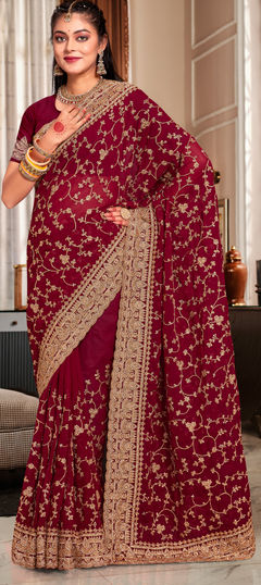 Red and Maroon color Saree in Georgette fabric with Embroidered, Stone, Thread work