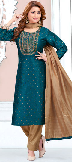 Festive, Party Wear, Reception Green color Salwar Kameez in Art Silk fabric with Straight Mirror, Thread work : 1934327