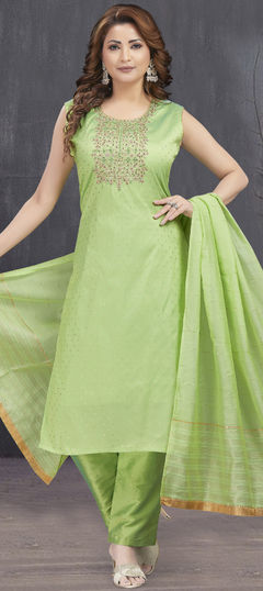 Festive, Party Wear, Reception Green color Salwar Kameez in Art Silk fabric with Straight Mirror, Thread work : 1934331