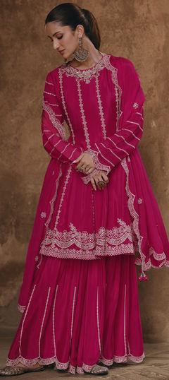 Festive, Reception Pink and Majenta color Salwar Kameez in Silk fabric with Anarkali, Sharara Embroidered, Thread work : 1934354