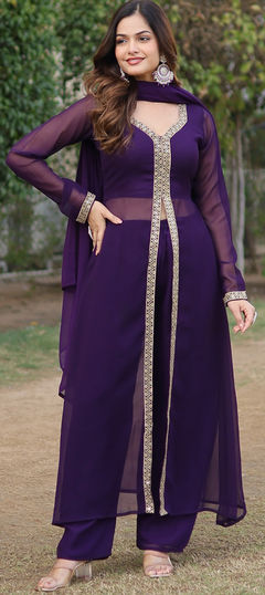 Purple and Violet color Salwar Kameez in Art Silk fabric with Embroidered, Thread work