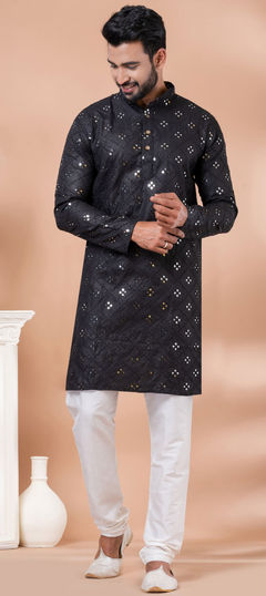 Black and Grey color Kurta Pyjamas in Cotton fabric with Mirror, Sequence, Thread work