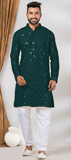 Green color Kurta Pyjamas in Cotton fabric with Mirror, Sequence, Thread work