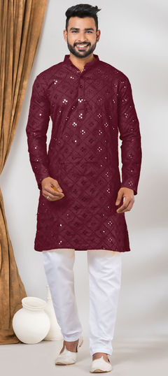 Red and Maroon color Kurta Pyjamas in Cotton fabric with Mirror, Sequence, Thread work