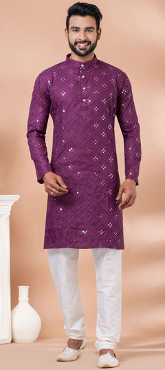 Purple and Violet color Kurta Pyjamas in Cotton fabric with Mirror, Sequence, Thread work