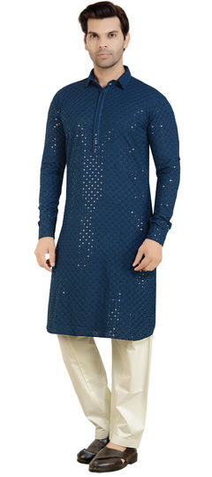 Blue color Pathani Suit in Rayon fabric with Embroidered, Sequence, Thread work