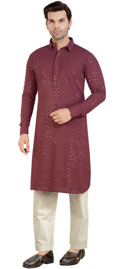 Red and Maroon color Pathani Suit in Rayon fabric with Embroidered, Sequence, Thread work