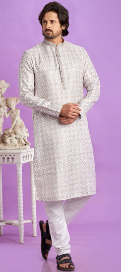 Beige and Brown color Kurta Pyjamas in Cotton fabric with Digital Print, Thread work