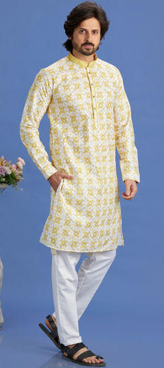 Yellow color Kurta Pyjamas in Cotton fabric with Digital Print, Sequence, Thread work