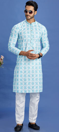 Blue color Kurta Pyjamas in Cotton fabric with Digital Print, Sequence, Thread work