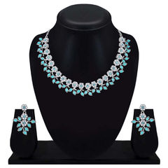 Silver Rodium Polish Blue color Necklace in Metal Alloy studded with Austrian diamond, Crystal