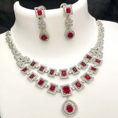 Silver Rodium Polish Red and Maroon color Necklace in Metal Alloy studded with Austrian diamond