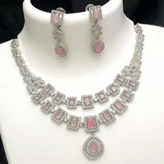 Silver Rodium Polish Pink and Majenta color Necklace in Metal Alloy studded with Austrian diamond