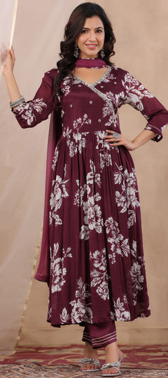 Red and Maroon color Salwar Kameez in Muslin fabric with Embroidered, Floral, Printed, Thread work