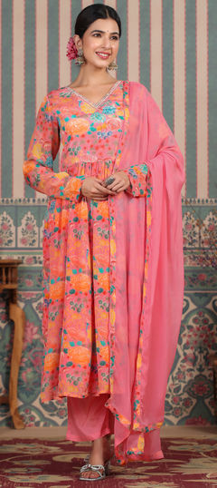 Designer, Festive, Reception Pink and Majenta color Salwar Kameez in Silk fabric with Anarkali Embroidered, Floral, Printed, Thread work : 1934601