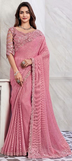 Pink and Majenta color Saree in Shimmer fabric with Embroidered, Sequence, Thread work