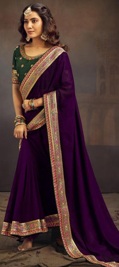 Festive, Party Wear, Traditional Purple and Violet color Saree in Art Silk fabric with South Embroidered, Thread work : 1934713