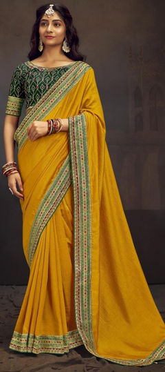 Festive, Party Wear, Traditional Yellow color Saree in Art Silk fabric with South Embroidered, Thread work : 1934715