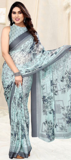 Party Wear Blue color Saree in Chiffon fabric with Classic Floral, Printed work : 1934957