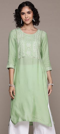 Green color Kurti in Muslin fabric with Embroidered, Sequence, Thread work