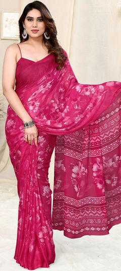 Pink and Majenta color Saree in Chiffon fabric with Floral, Printed work