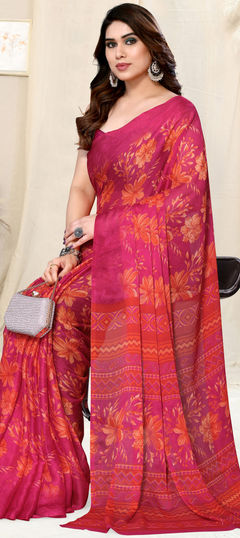 Pink and Majenta color Saree in Chiffon fabric with Floral, Printed work