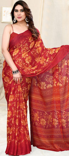 Red and Maroon color Saree in Chiffon fabric with Floral, Printed work