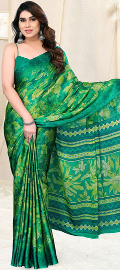 Green color Saree in Chiffon fabric with Floral, Printed work