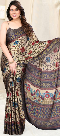 Beige and Brown color Saree in Chiffon fabric with Floral, Printed work