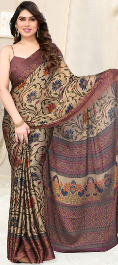 Beige and Brown color Saree in Chiffon fabric with Floral, Printed work