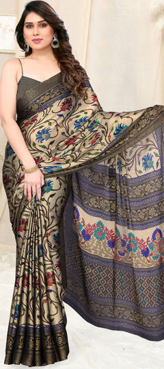 Beige and Brown color Saree in Chiffon fabric with Floral, Printed work